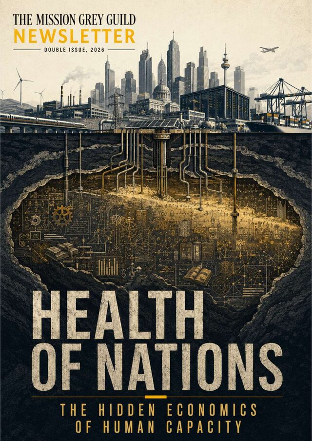Cover of the August to September 2026 double issue, Health of Nations: a city skyline with wind turbines, cranes and a passing aircraft above ground, and beneath it a cross-section of pipes reaching down into a gold-lit cavern of machinery, gears, books and circuitry, over the subtitle The Hidden Economics of Human Capacity.