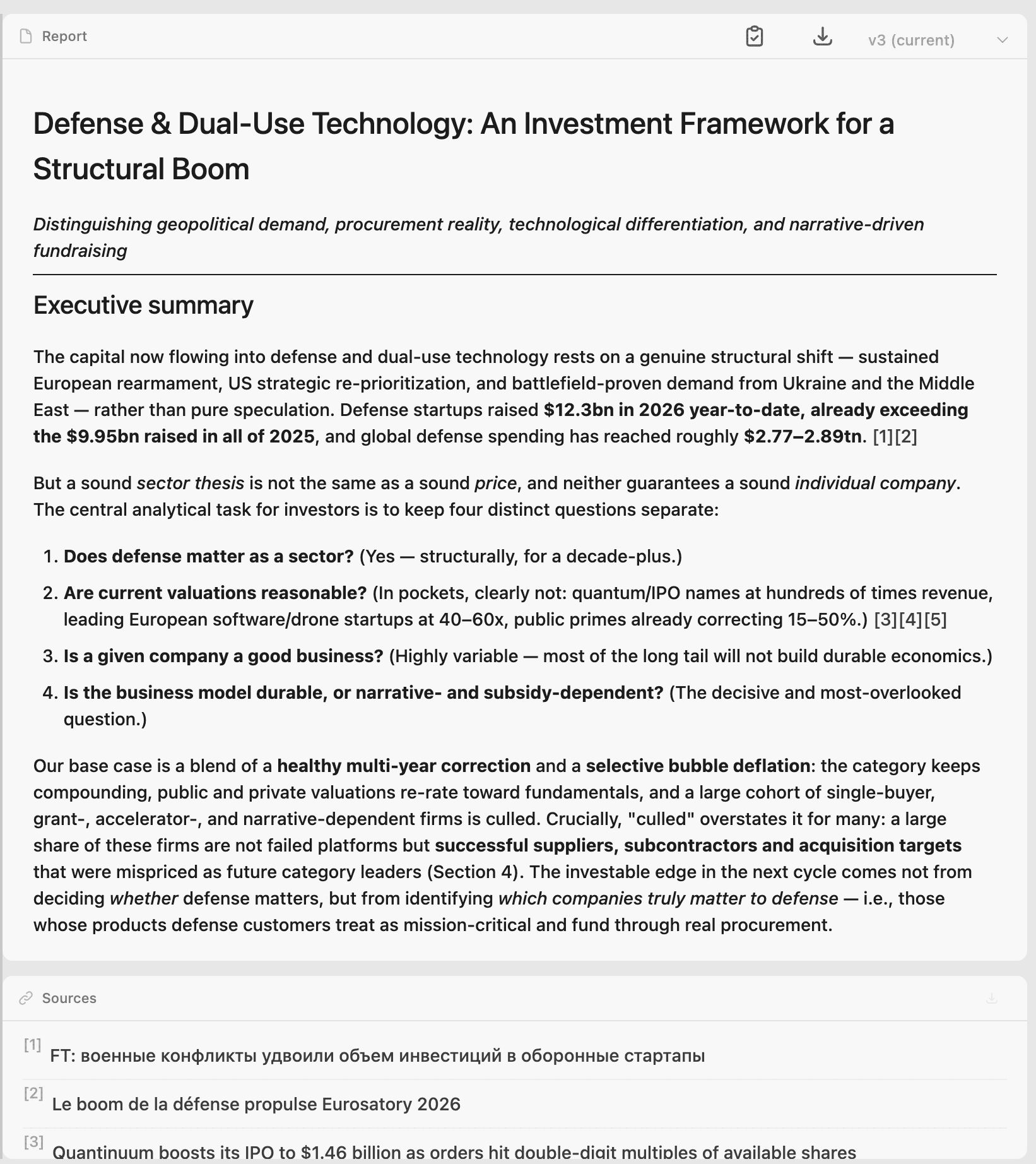 A sourced analytical report open in the platform: an investment framework for defense and dual-use technology, with an italic thesis line, an executive summary, four numbered questions the analysis separates, a version control reading v3 current, and a numbered sources panel below it