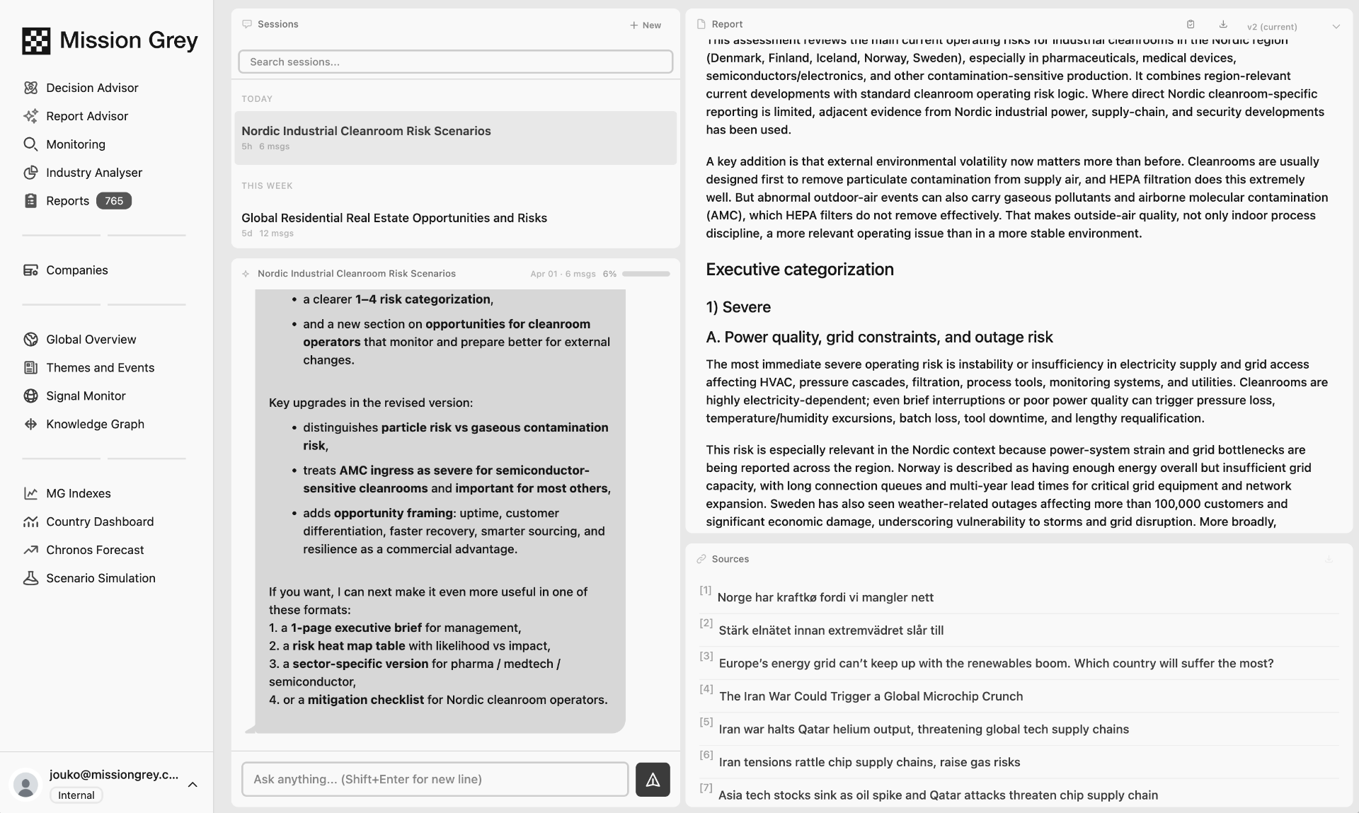The Mission Grey workspace: a session list, an analyst conversation refining a risk scenario, and a generated report with numbered, verifiable sources